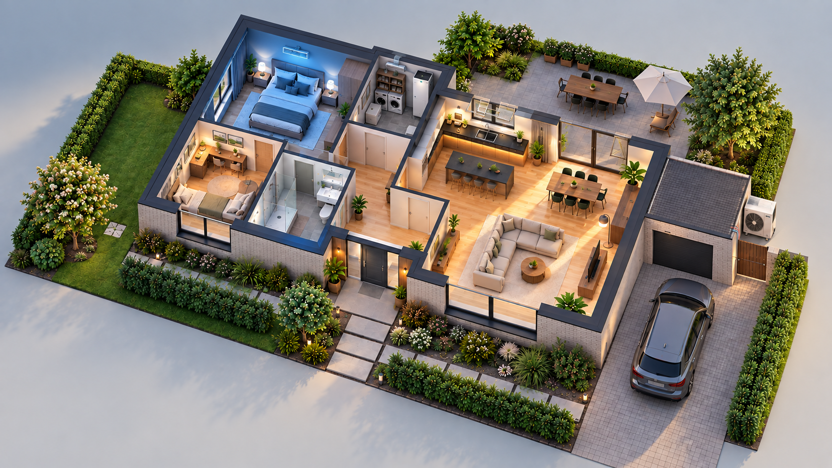 Isometrische bungalow met verschillende klimaatzones, een open raam en een buitenunit voor verwarming en koeling.