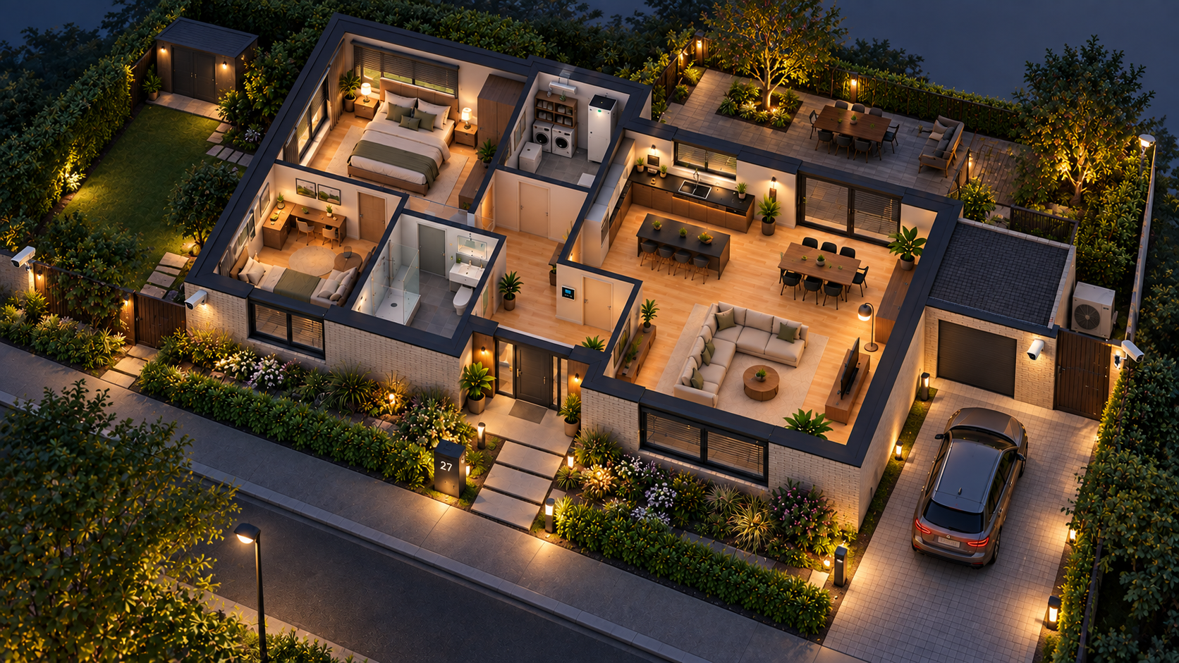 Isometrische bungalow in de avond met verlichte entree, tuin en oprit en subtiel zichtbare beveiligingscamera's.