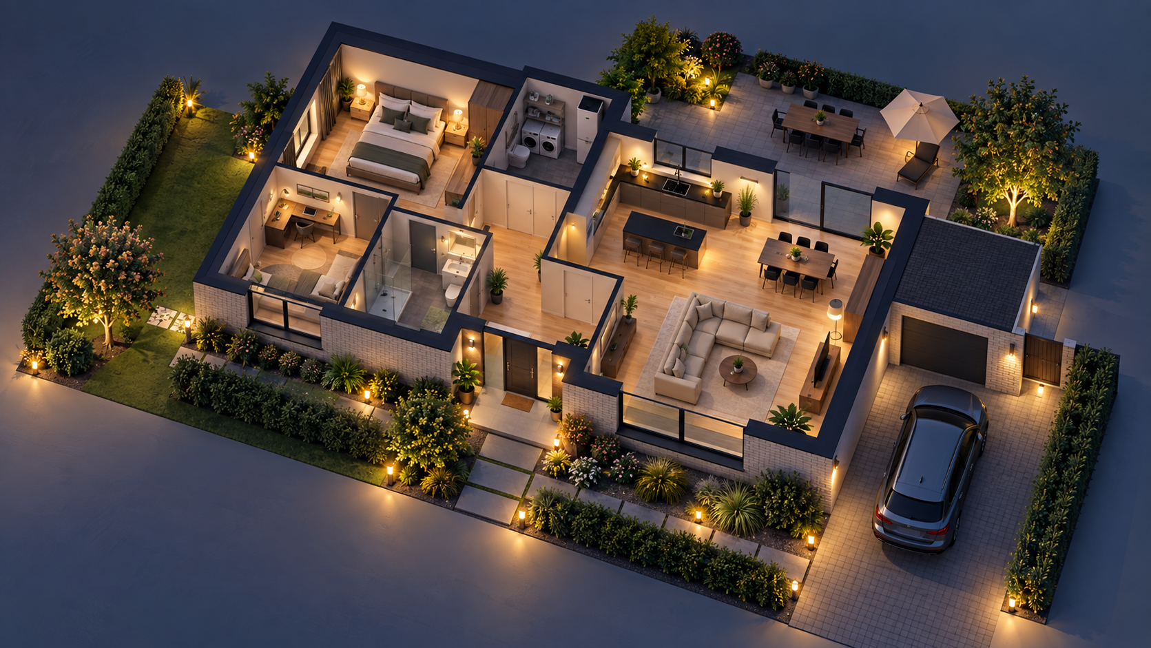 Isometrische bungalow in de avond met automatische verlichting in woning, tuin, entree en oprit.