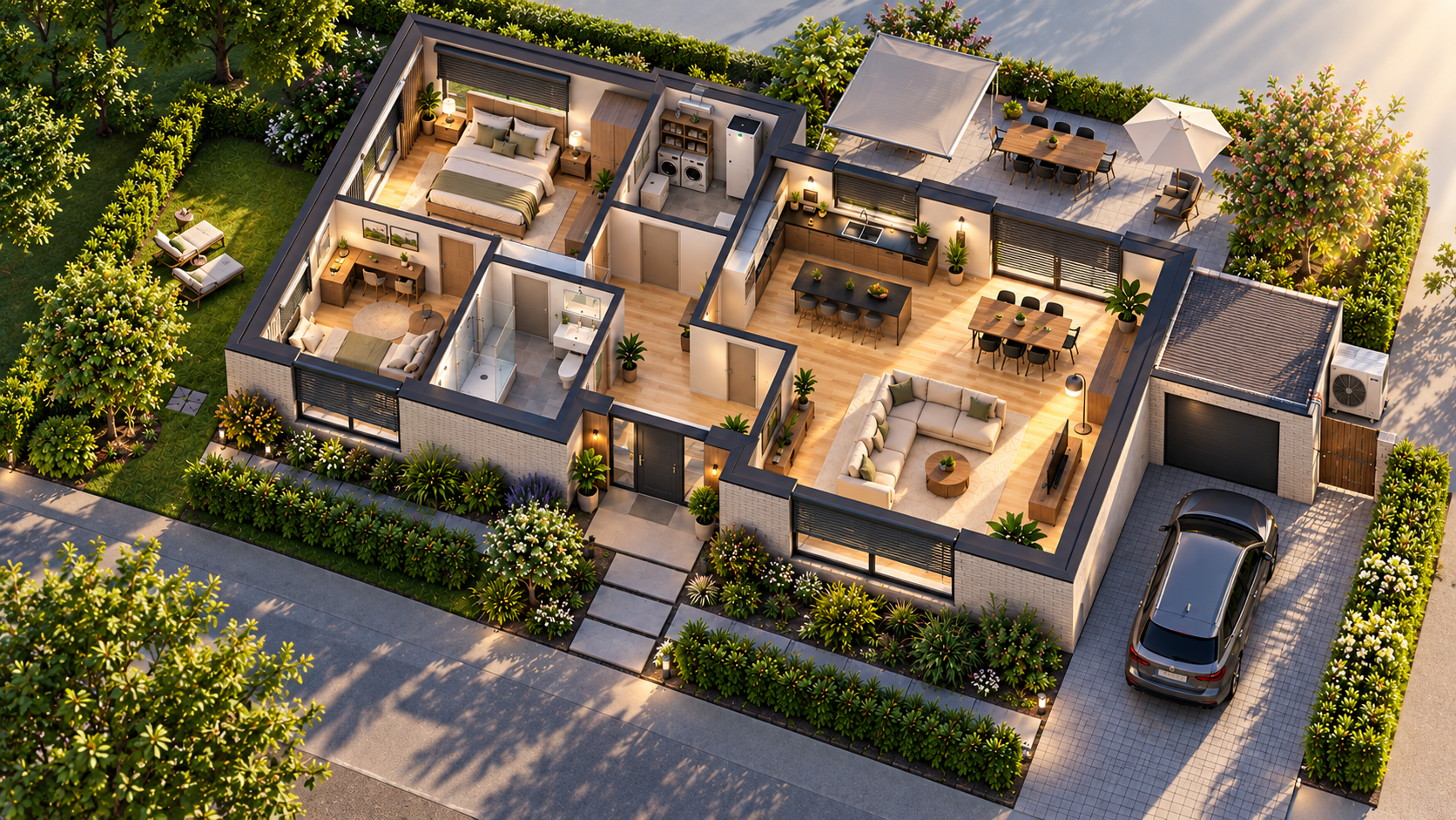 Isometrische bungalow in felle zon met rolluiken, screens en terraszonwering die per gevel verschillend zijn ingesteld.