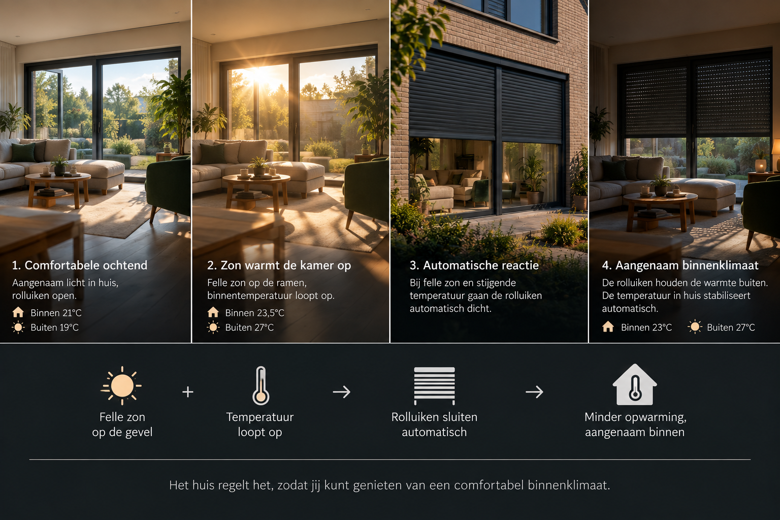 De zon warmt de woonkamer op. Felle zon en oplopende binnentemperatuur activeren de rolluiken om verdere opwarming te beperken.