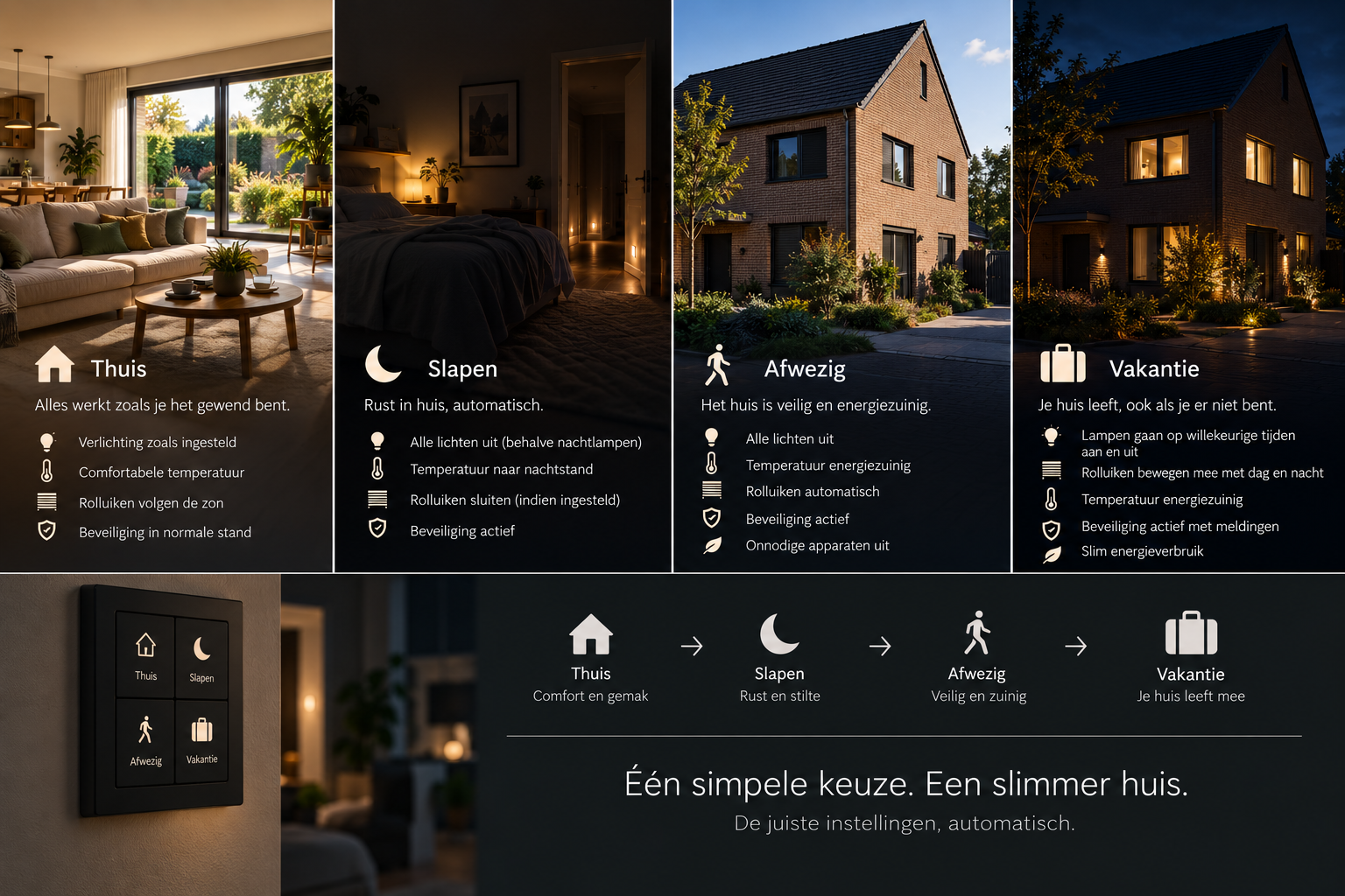 Thuis, Slapen, Afwezig en Vakantie: vier samenhangende standen voor verlichting, verwarming, rolluiken en beveiliging, met vaste wandbediening.